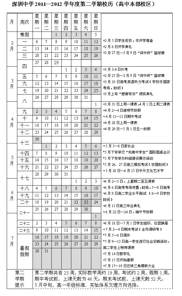 深圳中学2011—2012学年度第二学期校历(高中校区) 深圳中学2011—2012学年度第二学期校历(高中校区)